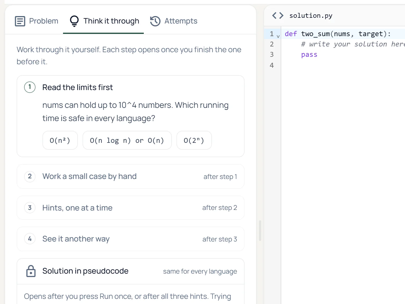 Think it through beside the editor: a first question about the input limits, with the next steps locked until it is answered